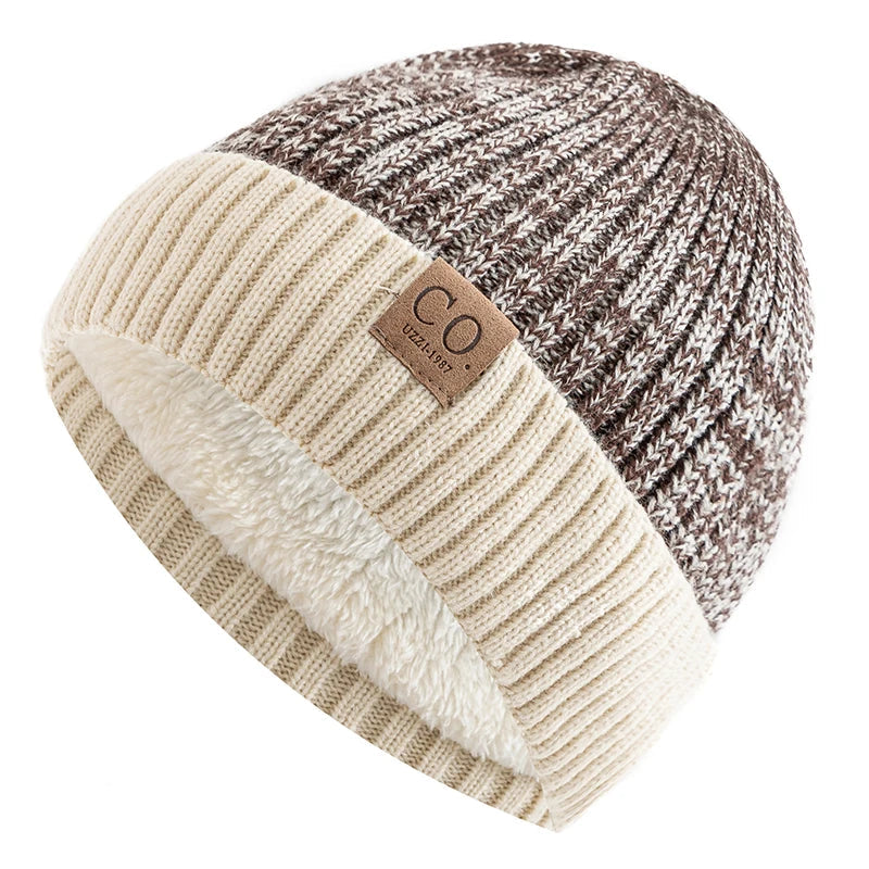Unisex Two-Tone Knit Beanie with Fur Lining Coffee 56cm-60cm