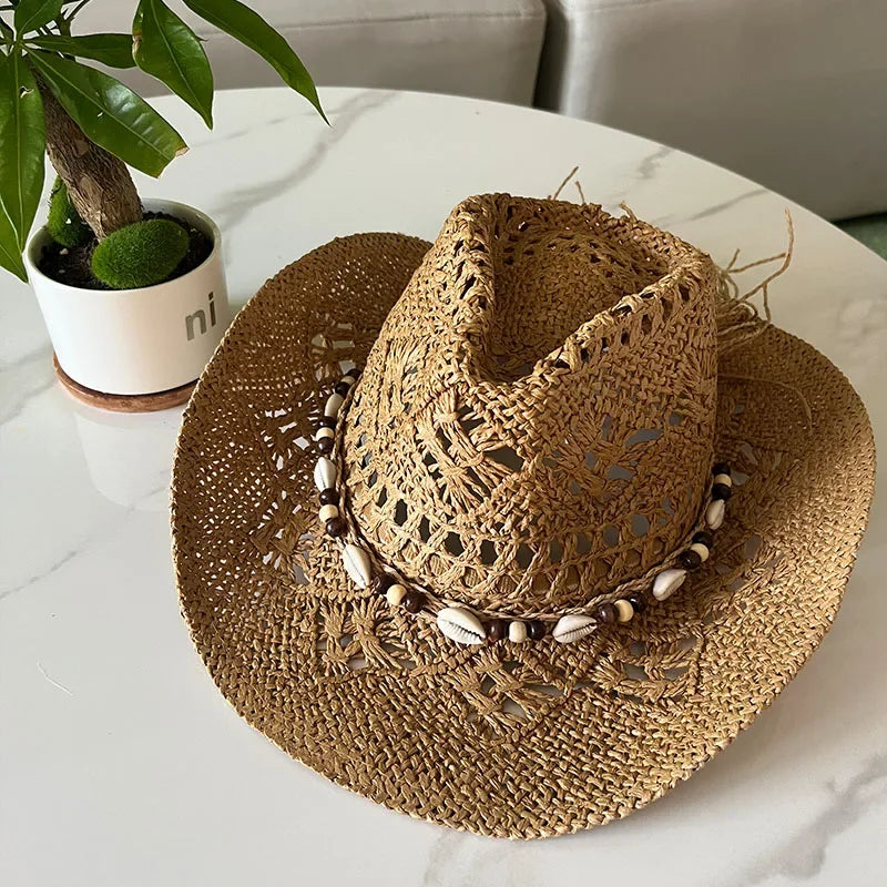 Bohemian Straw Cowboy Hat with Wooden Beads – Perfect for Sun Protection khaki shell M (56-58cm)