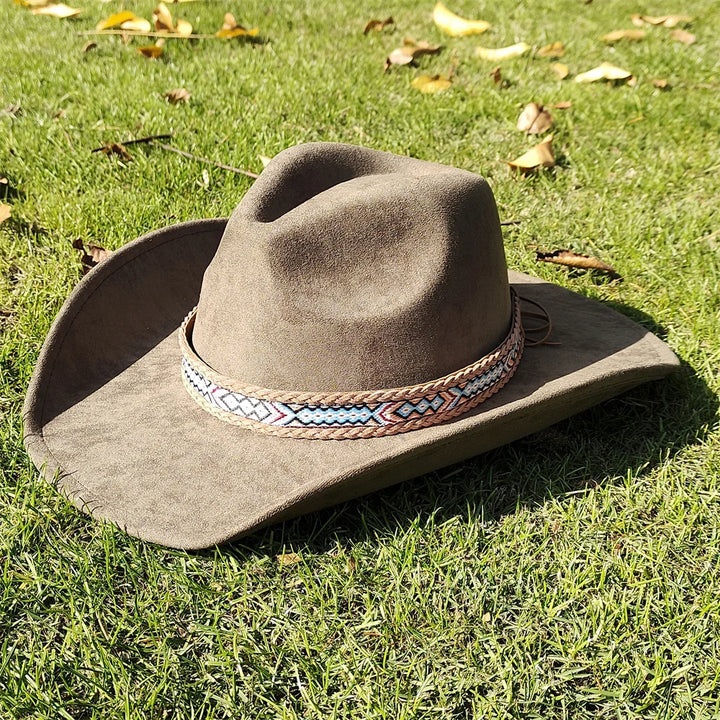 Adjustable Suede Wide-Brim Cowboy Fedora Hat-MODAUTLET