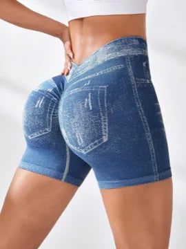 Women's V Back Faux Jeans Workout Shorts for Fitness and Yoga