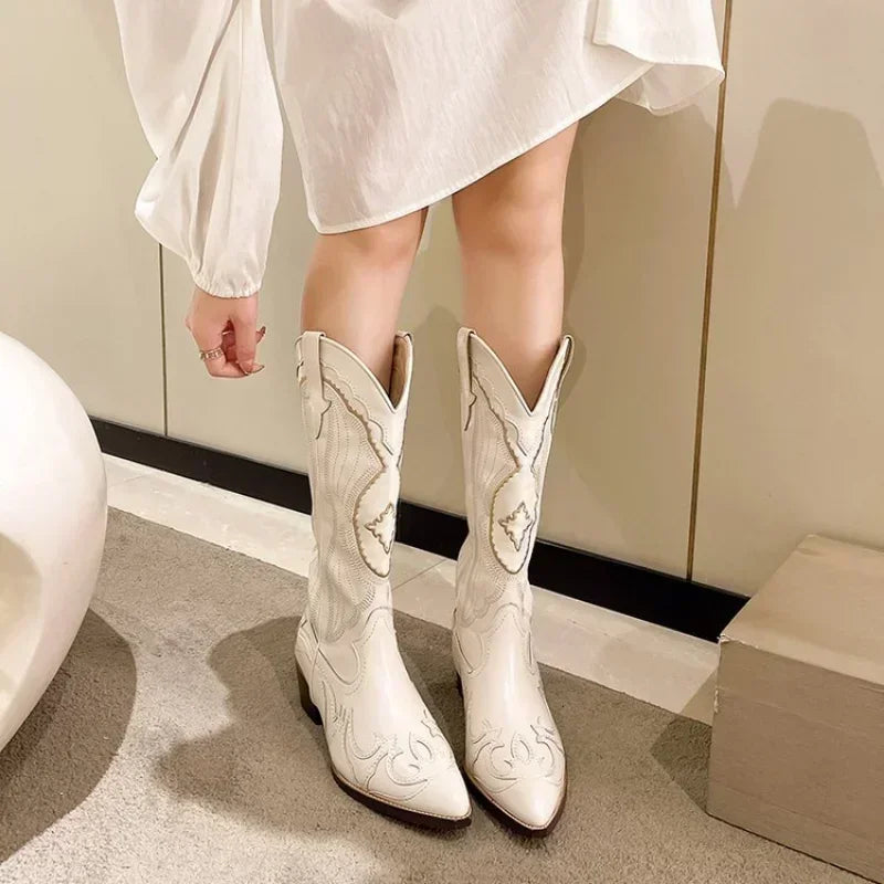 Vintage Square Toe Embroidered Western Cowboy Boots with Side Zipper-MODAUTLET