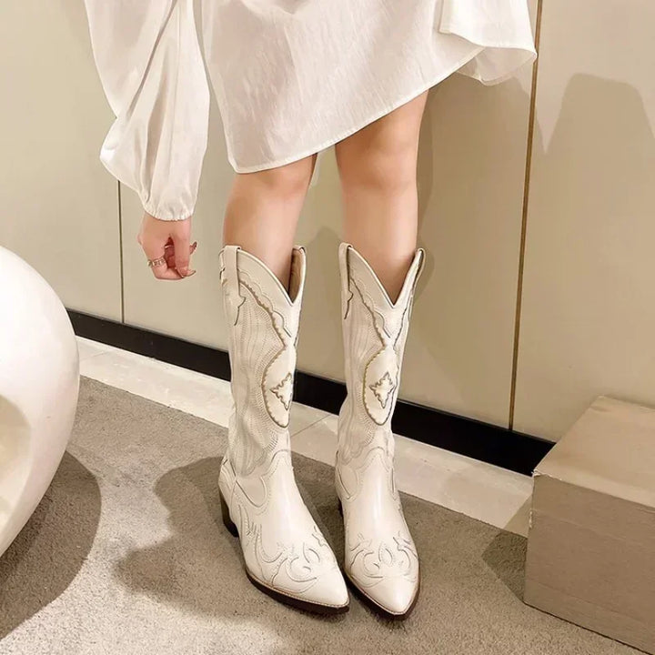 Vintage Square Toe Embroidered Western Cowboy Boots with Side Zipper-MODAUTLET