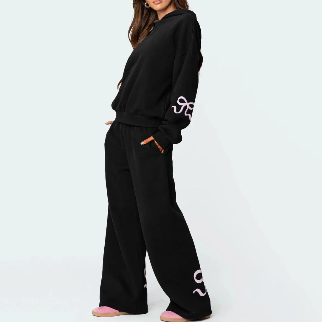 Women’s 2-Piece Bow Print Hoodie & Wide Leg Pants Set-MODAUTLET