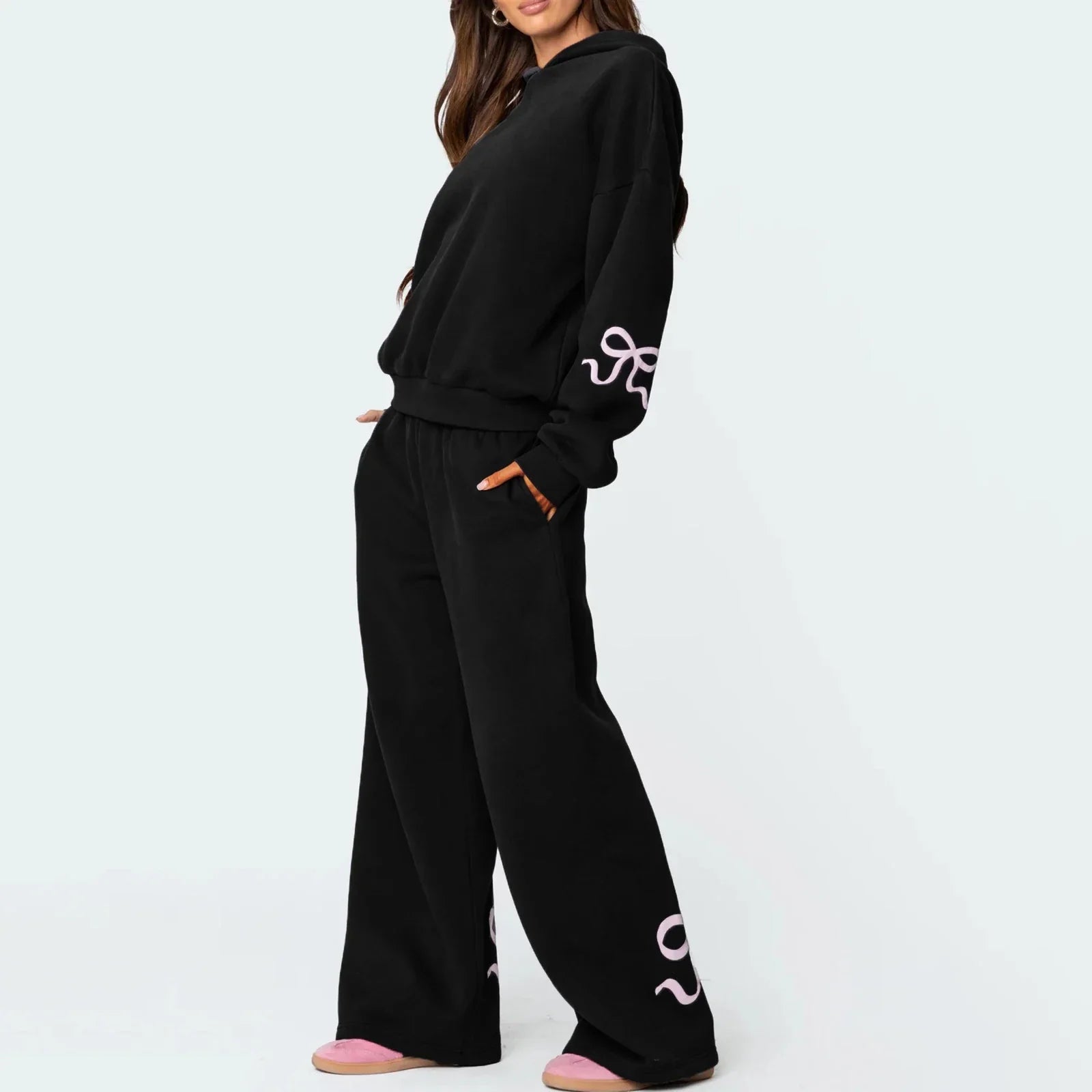 Women’s 2-Piece Bow Print Hoodie & Wide Leg Pants Set Black
