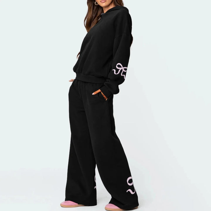 Women’s 2-Piece Bow Print Hoodie & Wide Leg Pants Set-MODAUTLET