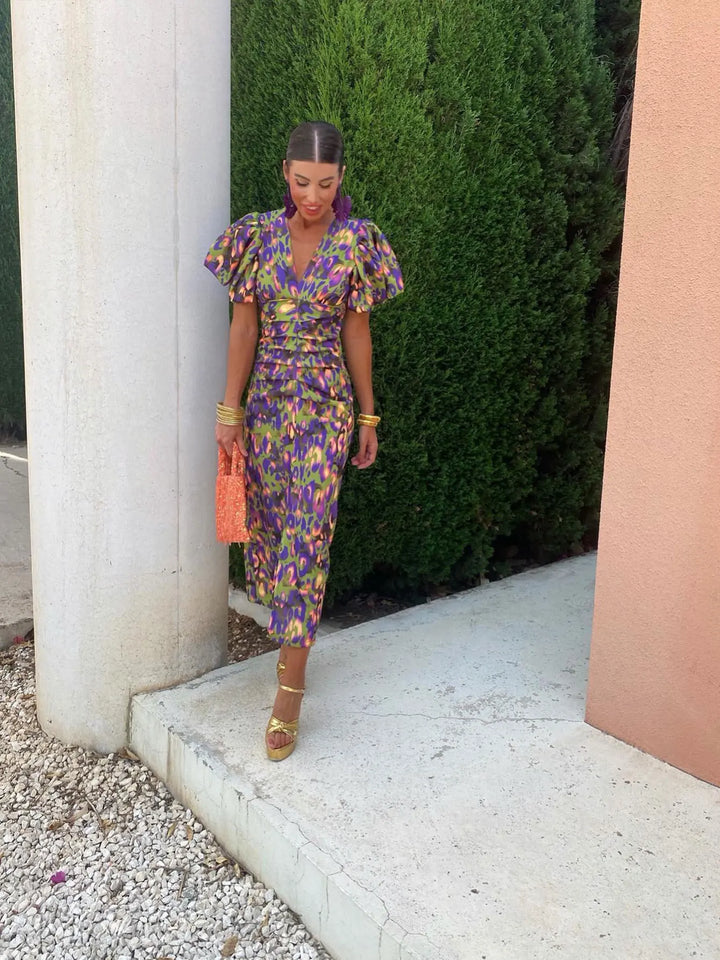 Sydney | Vestido midi de verano para mujer con mangas abullonadas y estampado floral