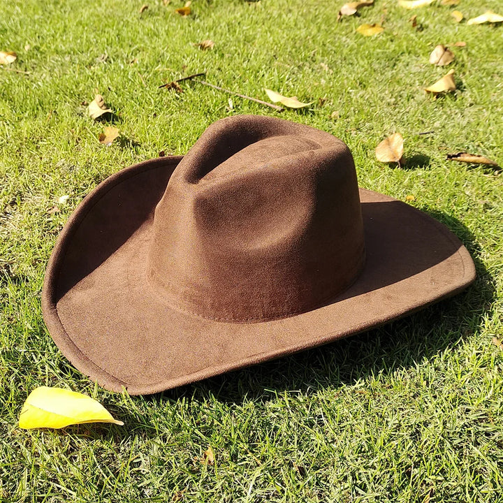 Adjustable Suede Wide-Brim Cowboy Fedora Hat-MODAUTLET