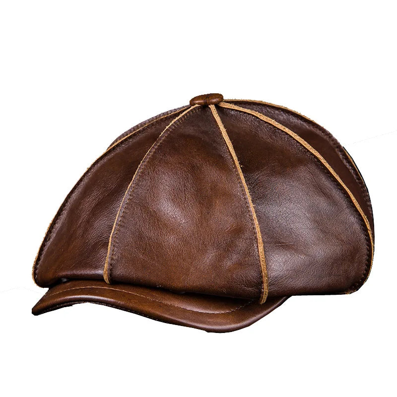 Authentic Cowhide Leather Octagonal Cap – Warm & Adjustable for Men