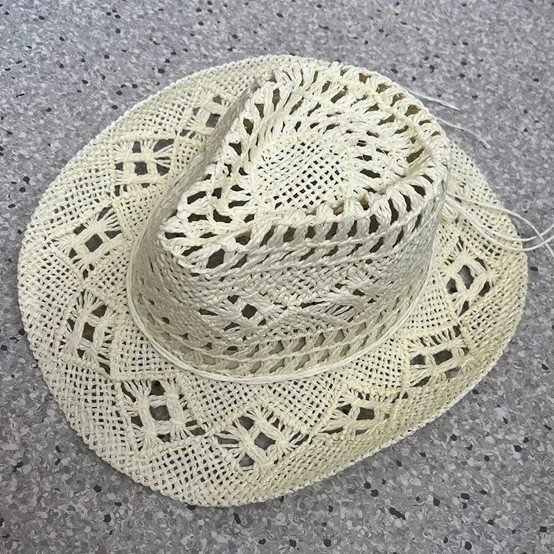 Bohemian Straw Cowboy Hat with Wooden Beads – Perfect for Sun Protection beige 3 M (56-58cm)