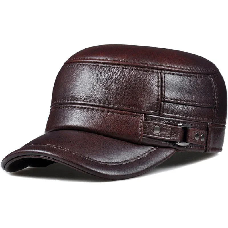 Vintage Military Style Genuine Leather Ear-Warm Flat Cap for Winter red brown