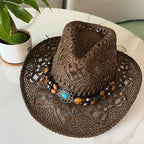 Bohemian Straw Cowboy Hat with Wooden Beads – Perfect for Sun Protection coffee M (56-58cm)