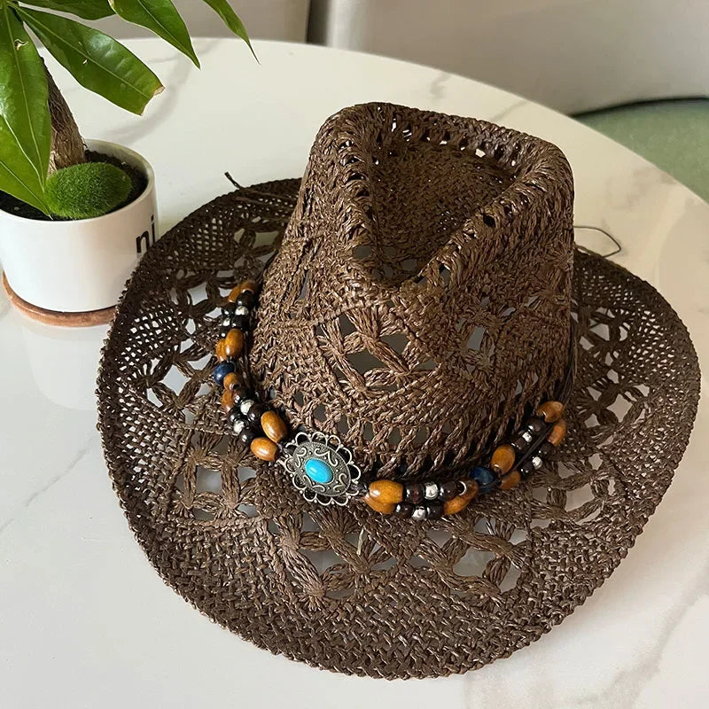 Bohemian Straw Cowboy Hat with Wooden Beads – Perfect for Sun Protection coffee M (56-58cm)
