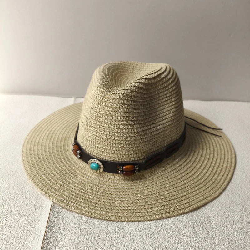 Bohemian Straw Cowboy Hat with Wooden Beads – Perfect for Sun Protection beige 4 M (56-58cm)