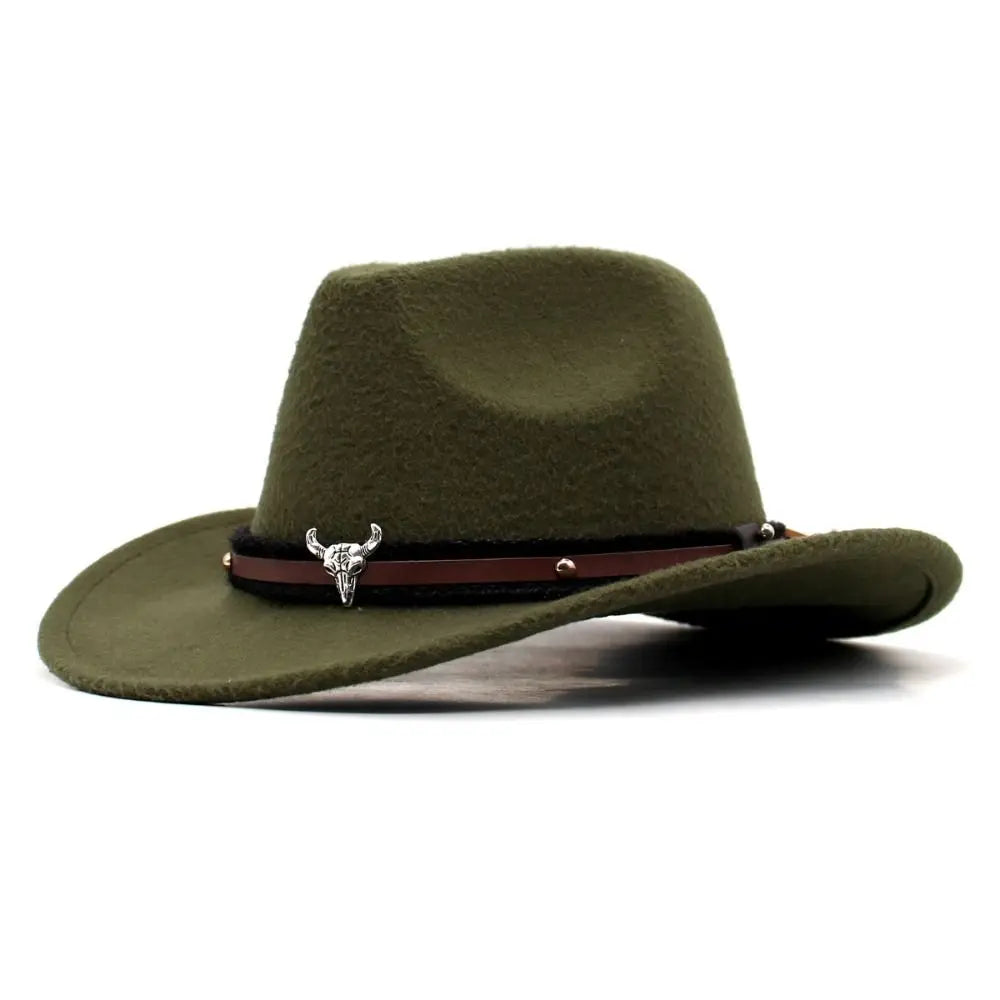 Western Cowboy Hat – Jazz Knight Felt Hat with Bull Décor Green