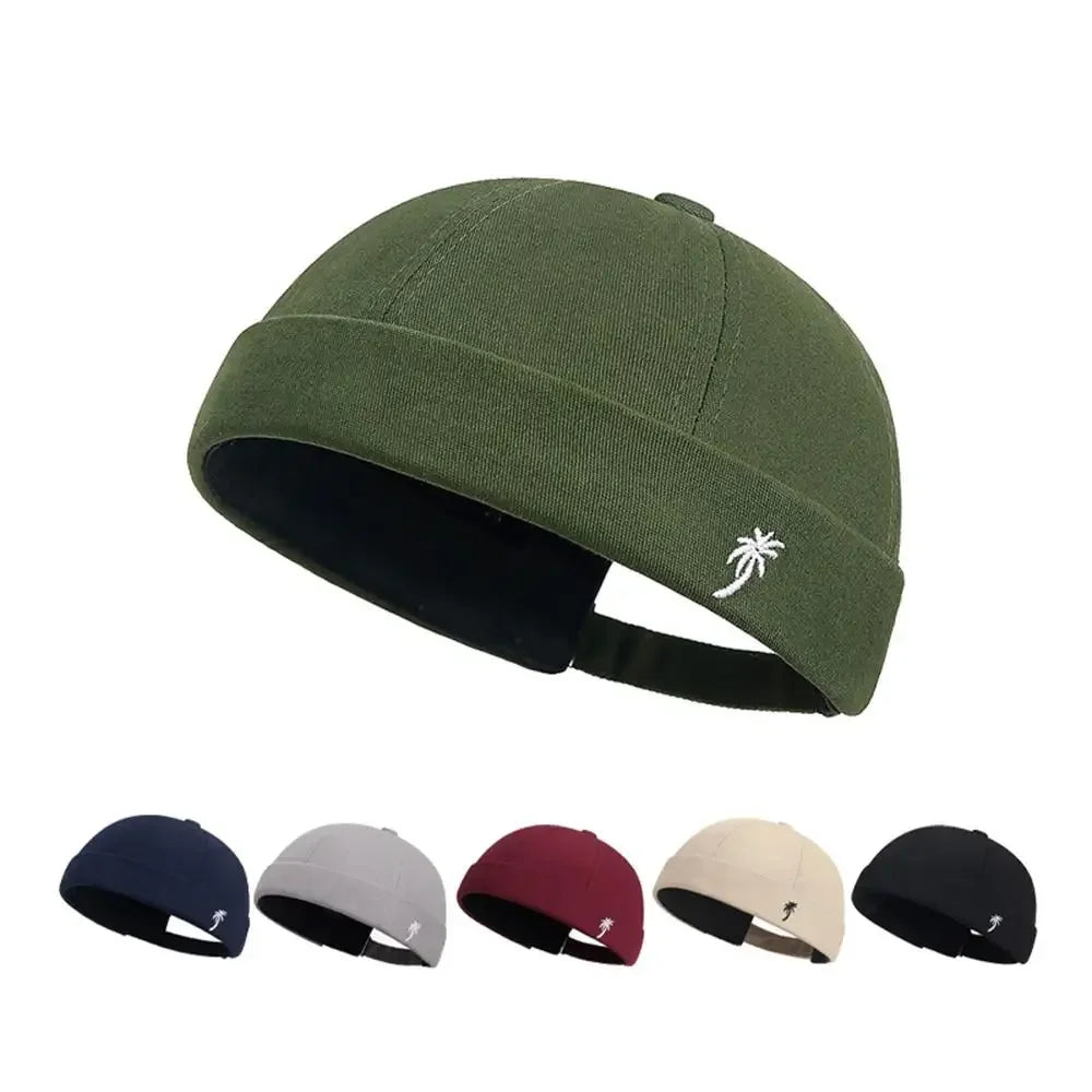 Vintage Washed Cotton Brimless Beanie Hat with Embroidered Coconut Tree – Unisex Adjustable-MODAUTLET