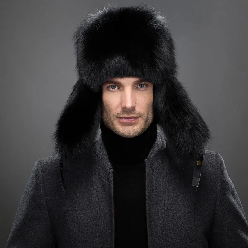 Eco Fur Hat Unisex Winter Ear Flap Trapper Hat Warmth Black