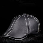 Men's Striped Black Cowhide Leather Beret Cap Black 2