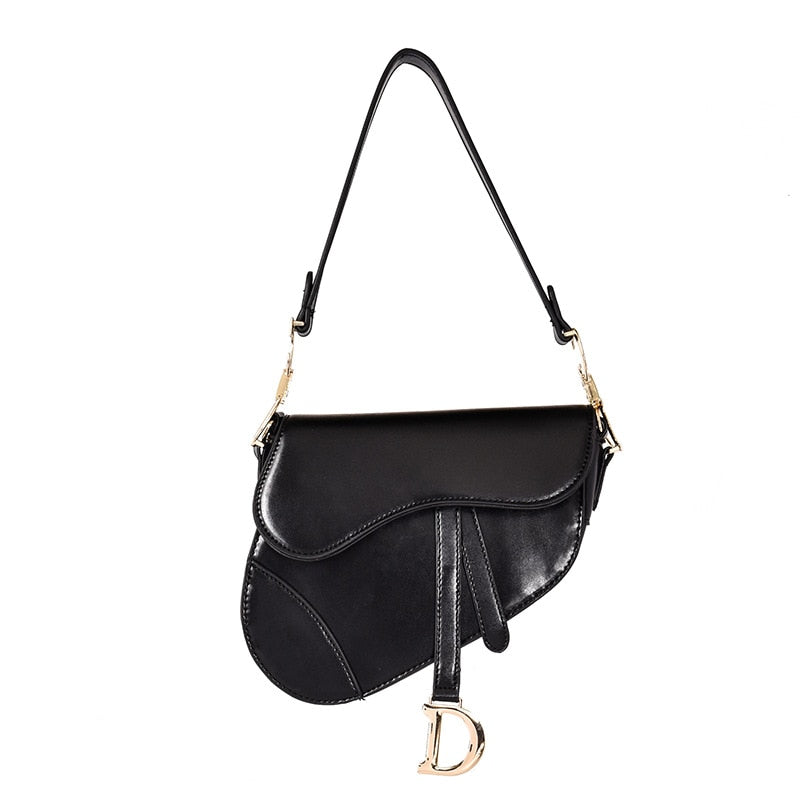 PU Leather Saddle Shoulder Bag For Women With Wide Strap Black