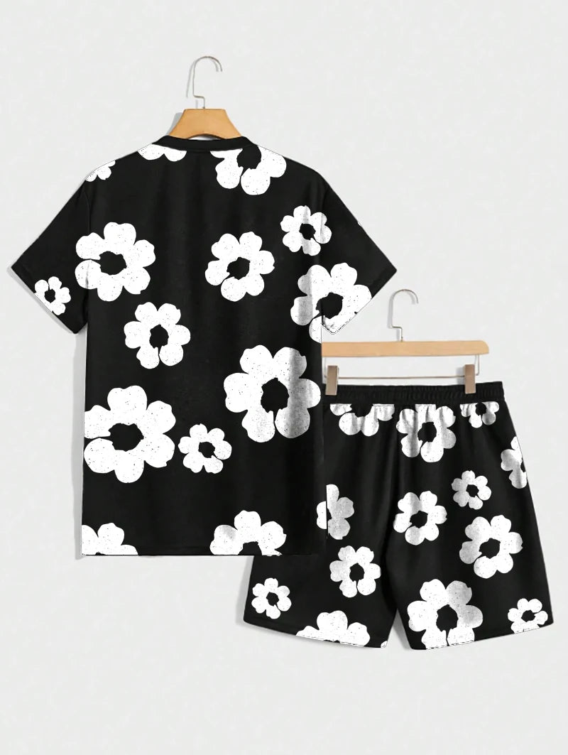 Conjunto de pantalones cortos de verano para hombre con estampado floral en blanco y negro