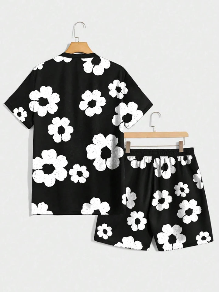 Conjunto de pantalones cortos de verano para hombre con estampado floral en blanco y negro