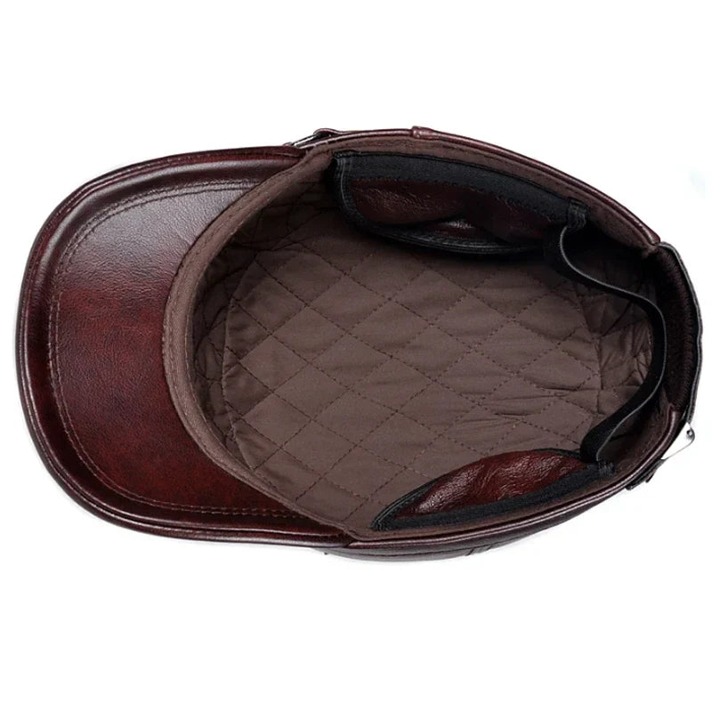 Vintage Military Style Genuine Leather Ear-Warm Flat Cap for Winter
