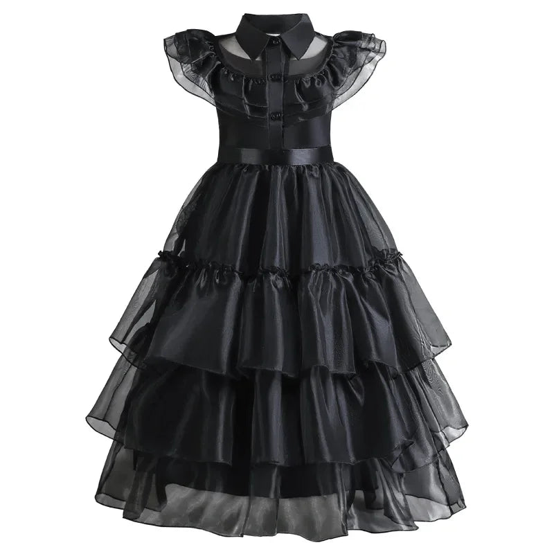 Halloween's Black Layered Cake Gown for Girls with Mesh Details