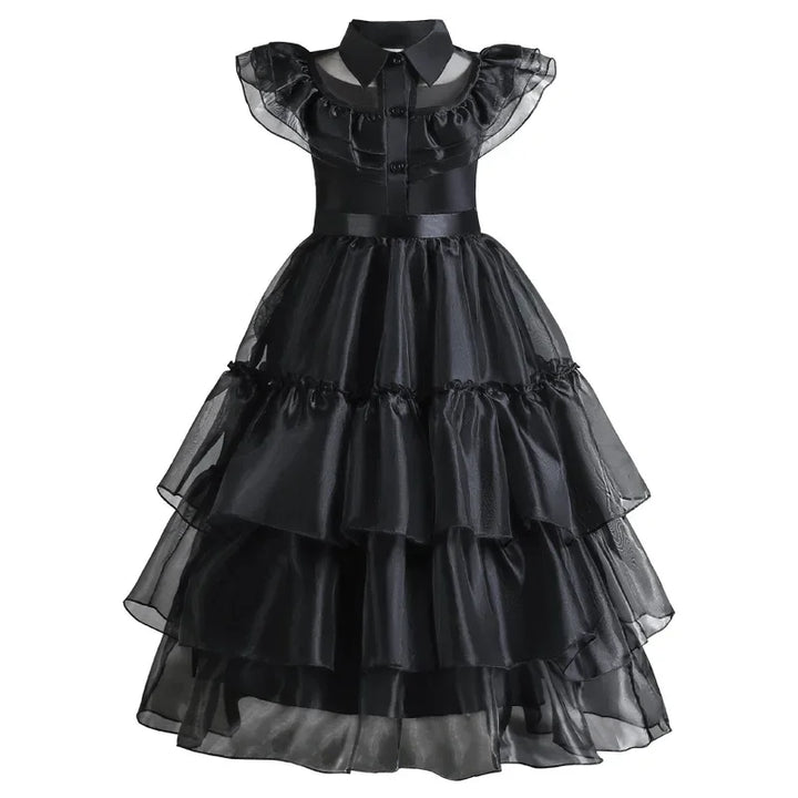 Halloween's Black Layered Cake Gown for Girls with Mesh Details