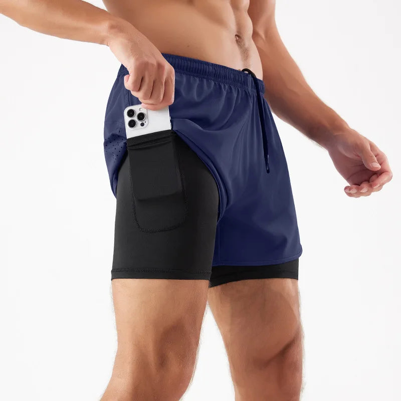 Men's 2-in-1 Quick-Dry Running Shorts with Phone Pocket Navy Blue