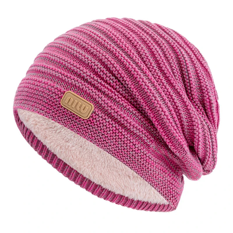 Unisex Striped Slouchy Winter Hat Rose Red 56cm-60cm