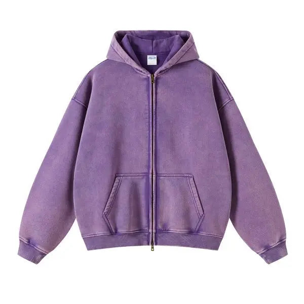 Luxury Batik‑Wash Full‑Zip Street Hoodie Purple