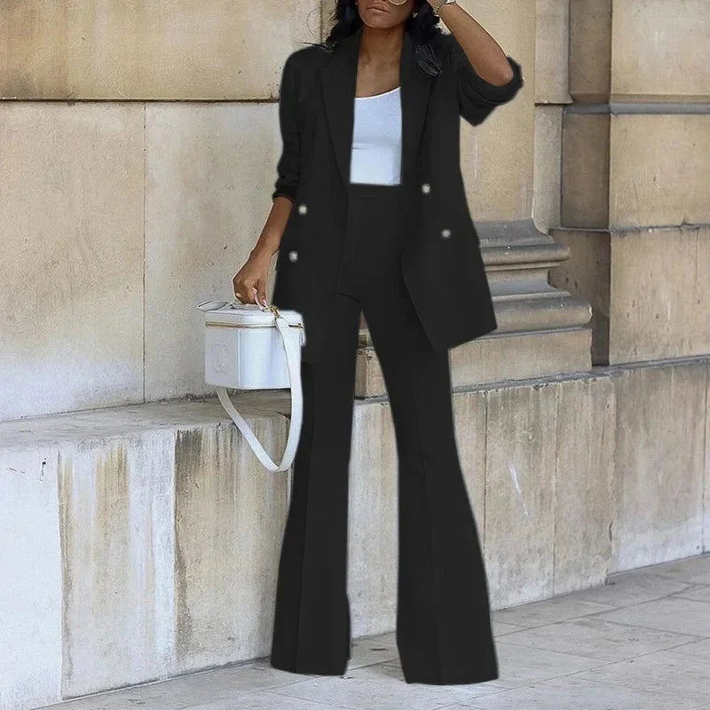 Women's Elegant Double-Breasted Blazer and Flared Trousers Set - Tailored Formal Outfit Black