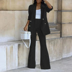 Women's Elegant Double-Breasted Blazer and Flared Trousers Set - Tailored Formal Outfit Black