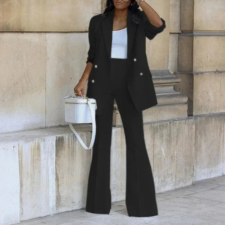 Women's Elegant Double-Breasted Blazer and Flared Trousers Set - Tailored Formal Outfit-MODAUTLET