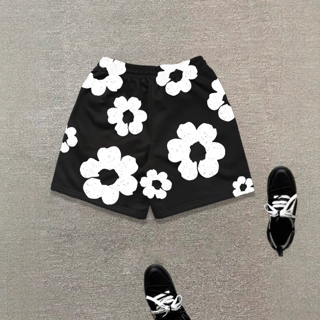 Men's Casual Sports Printed Summer Shorts - Black & White Floral