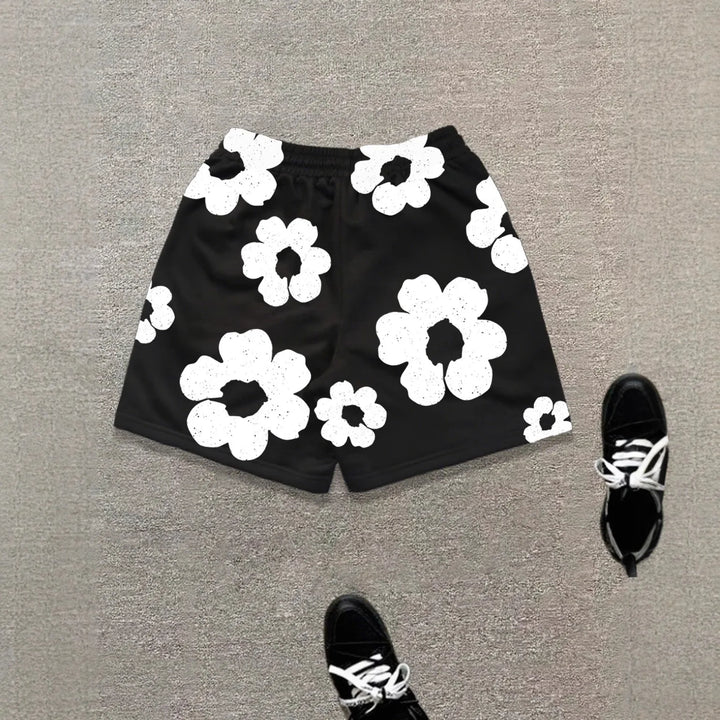 Men's Casual Sports Printed Summer Shorts - Black & White Floral