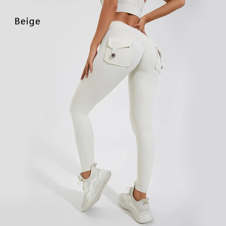Women's Breathable Yoga Pants with Butt Pocket, Comfortable Leggings Beige