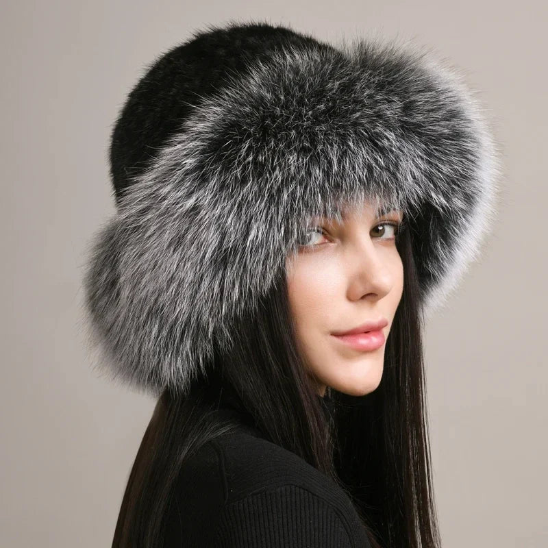 Mink Fur Hat With Knitted Base For Luxurious Warmth Midnight Black Elastic(54-62cm)