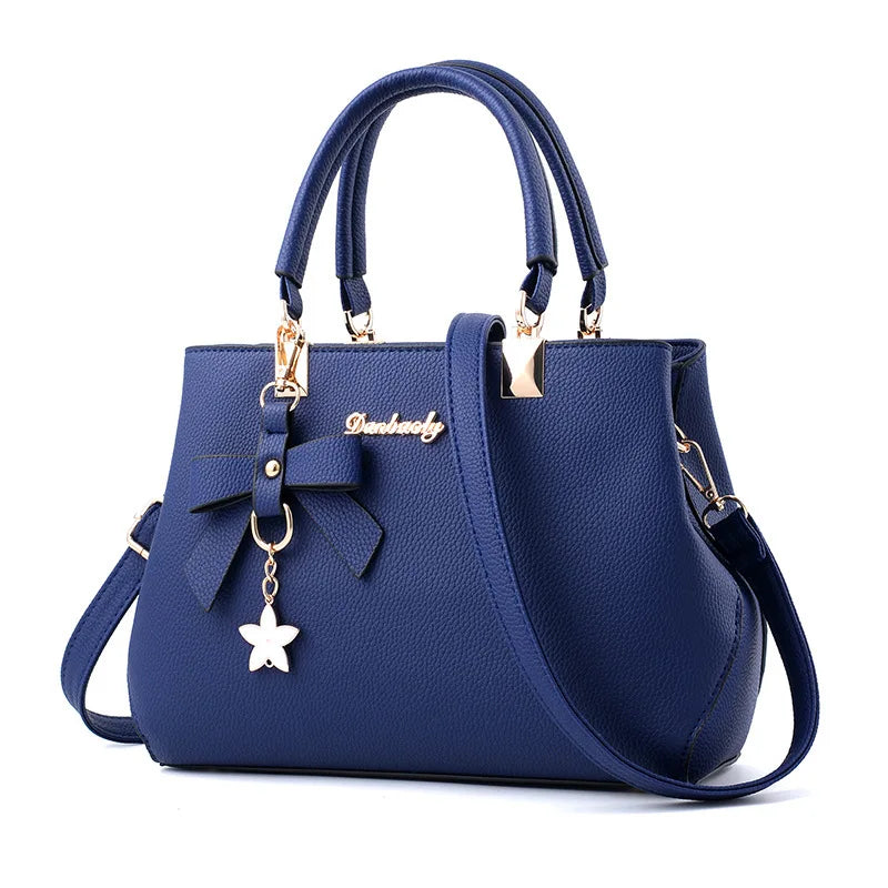 Elegant Women's Messenger Bag with Flower Pendant darkblue 28cmx11cmx19cm