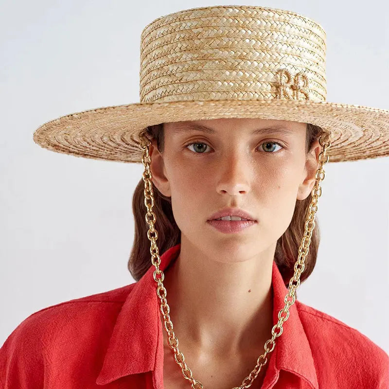 Elegant Handmade Straw Sun Hat With Metal Chain For Women