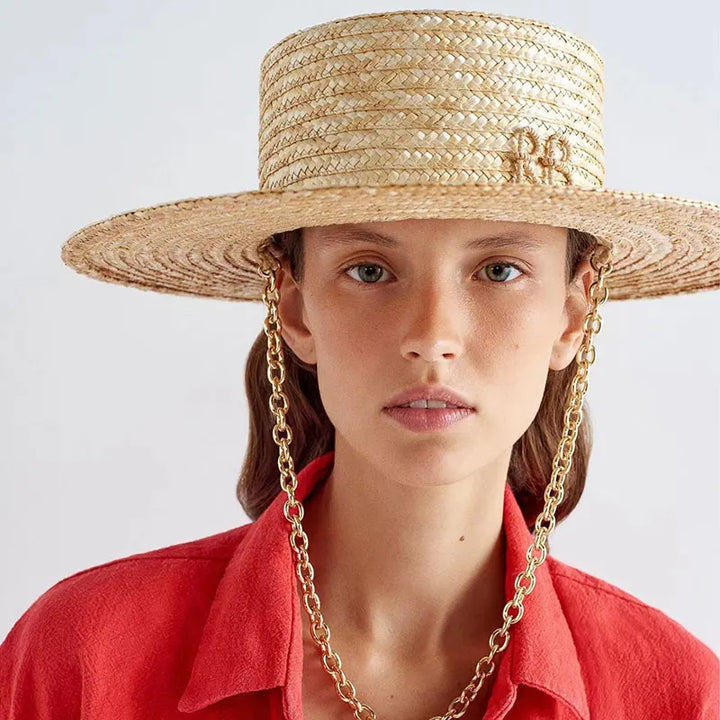 Elegant Handmade Straw Sun Hat With Metal Chain For Women-MODAUTLET