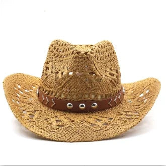 Bohemian Straw Cowboy Hat with Wooden Beads – Perfect for Sun Protection khaki 2 M (56-58cm)