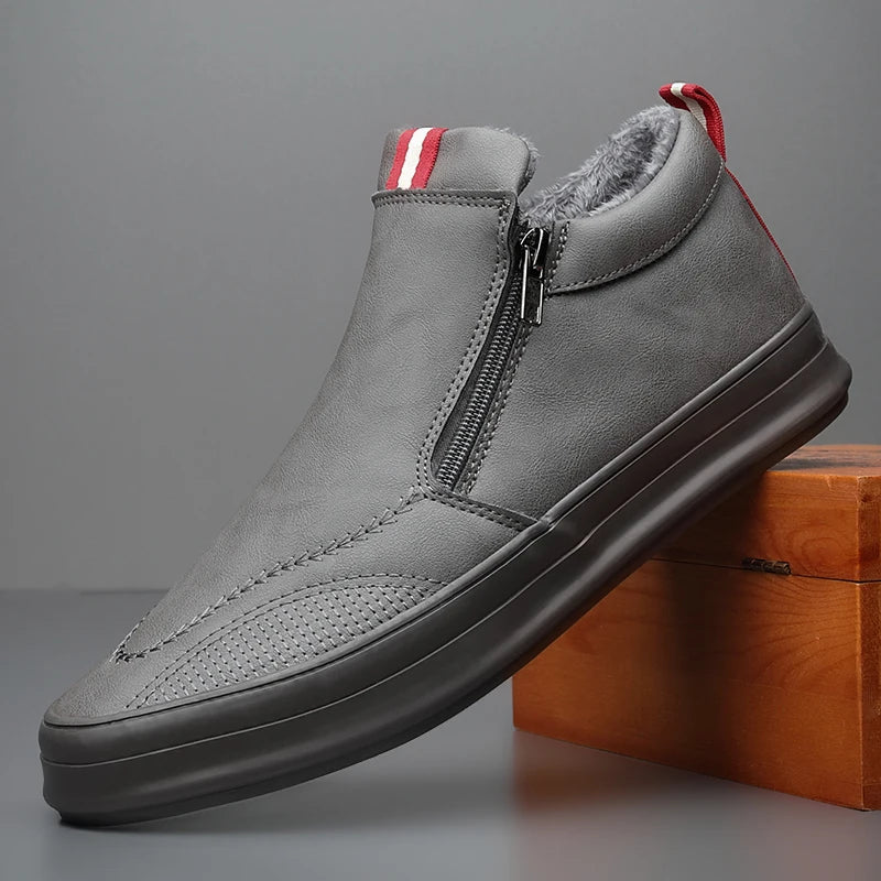 Men's Plush-Lined Non-Slip Leather Sneakers Gray