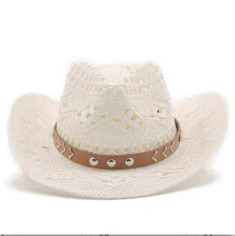 Bohemian Straw Cowboy Hat with Wooden Beads – Perfect for Sun Protection white 2 M (56-58cm)