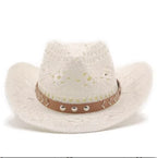 Bohemian Straw Cowboy Hat with Wooden Beads – Perfect for Sun Protection white 2 M (56-58cm)