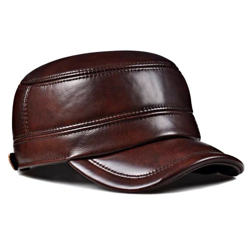 Vintage Military Style Genuine Leather Ear-Warm Flat Cap for Winter-MODAUTLET