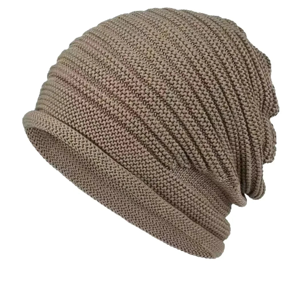 Unisex Autumn Winter Knitted Wool Roll-Brim Beanie Khaki