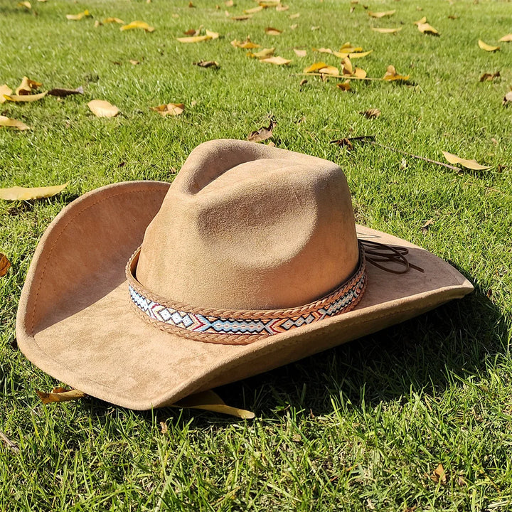 Adjustable Suede Wide-Brim Cowboy Fedora Hat-MODAUTLET