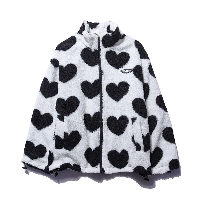Women Fleece Jacket Heart Design Cozy Warm Winter Wear