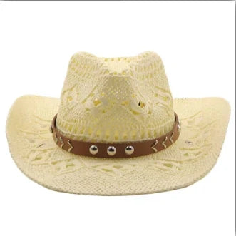 Bohemian Straw Cowboy Hat with Wooden Beads – Perfect for Sun Protection beige 2 M (56-58cm)