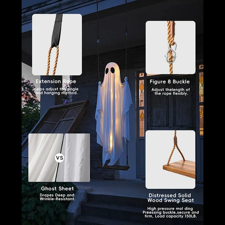 Halloween-Geisterschaukel für den Außenbereich mit Lichterkette zur Veranda-Dekoration